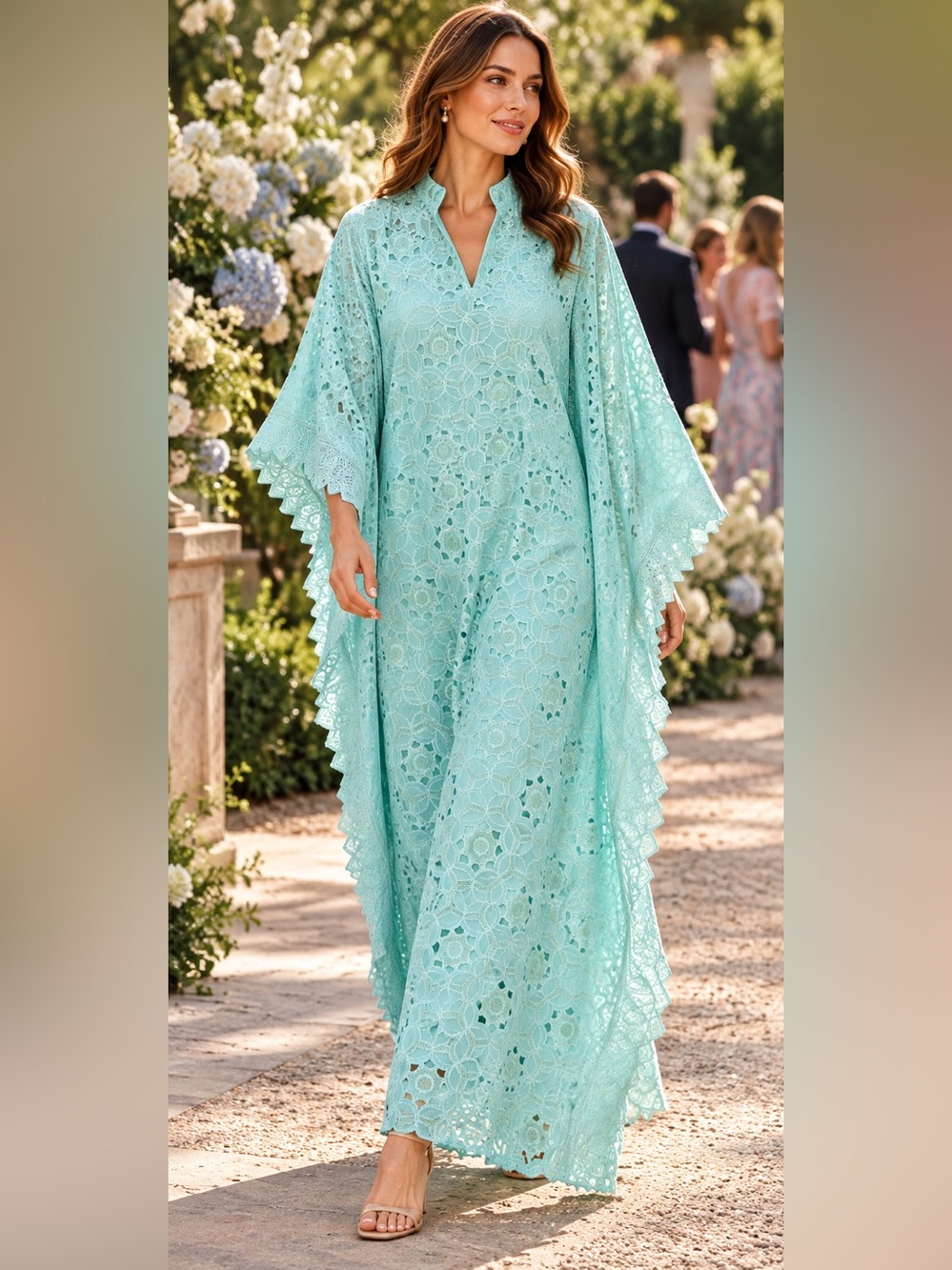Carla Christoph Houston Mint Eyelet Lace Sequin Caftan, One Size